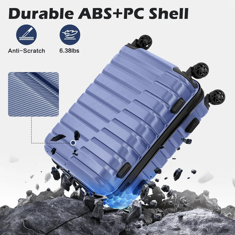 Blue hard-shell luggage with four spinner wheels in angled front view