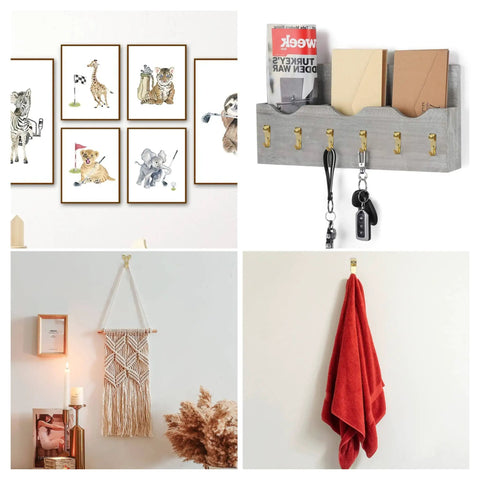 Picture Hanging Kit 220 Pieces Gold Hardware Set With Assorted Hooks displayed with frames, wall decor, key holder, and towel hooks