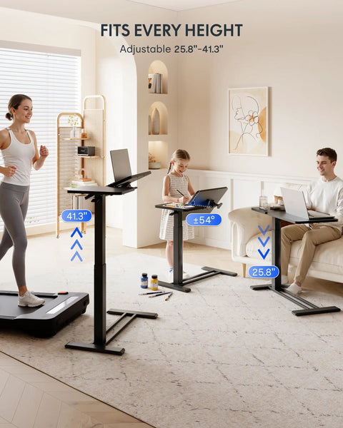 People using Adjustable Height C Shaped End Table With Split Tilting Top And Gas Spring Lift at different heights in a living room