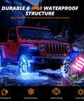 Red Jeep with RGB LED Rock Lights Kit underglow in water, showcasing RGB LED Rock Lights Kit For Jeeps Trucks UTV RZR SUV Offroad Cars Waterproof IP68 160 SMD Underbody Underglow With App Music Mode 12V Multicolor Underbody Lighting For Trail-Ready Aesthetic