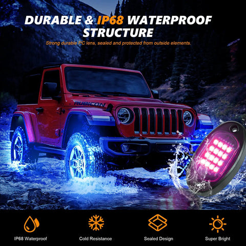 Red Jeep with RGB LED Rock Lights Kit underglow in water, showcasing RGB LED Rock Lights Kit For Jeeps Trucks UTV RZR SUV Offroad Cars Waterproof IP68 160 SMD Underbody Underglow With App Music Mode 12V Multicolor Underbody Lighting For Trail-Ready Aesthetic
