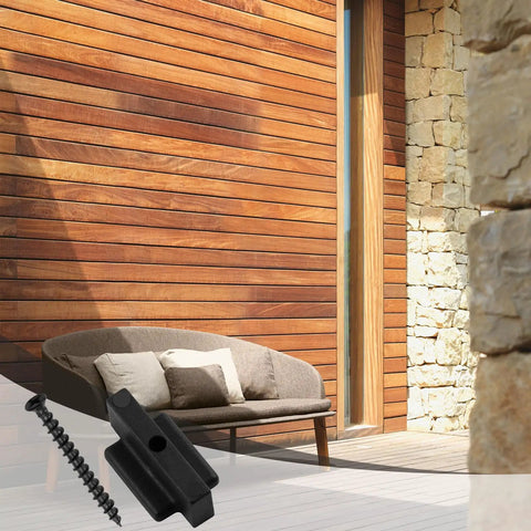 Straight Up Durable Black Nylon Hidden Deck Fasteners Plus T Clips With Heavy Duty Metal Screws For Effortless Composite Board Setup No Fuss Universal Decking Connector Kit 50 Piece next to a brown couch on a wooden deck.