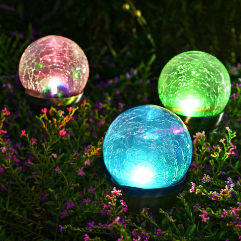 Solar Outdoor Cracked Glass Ball Lights Color Changing Garden LEDs for Path Patio Yard 3 Pack Pathway Lights glowing at night