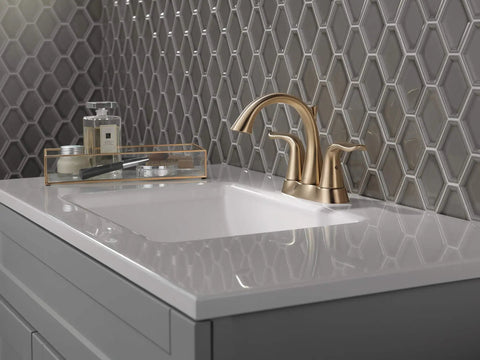 Brushed Gold Centerset Bathroom Faucet With Four Inch Three Hole Vanity Setup No Fuss Push Pop Drain Included Champagne Bronze Finish