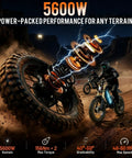 Dual Motor Electric Bike With 5600W Output And 50 MPH Speed gives high torque performance on rugged terrain with powerful tires.