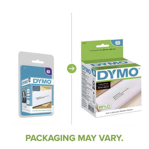 Hassle Free Direct Thermal Mailing Address Labels In Bright White, Sized 1-1/8 X 3-1/2 Inches, Twin Roll Pack displayed in two packaging options.