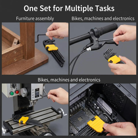 Premium Metric Allen Wrench Set Features Ball End Long Arm Hex Keys With Smooth Chamfered Tips For Tight Spaces And Quick Insertion In 9 Piece Tool Kit used for furniture, bikes, machines, and electronics