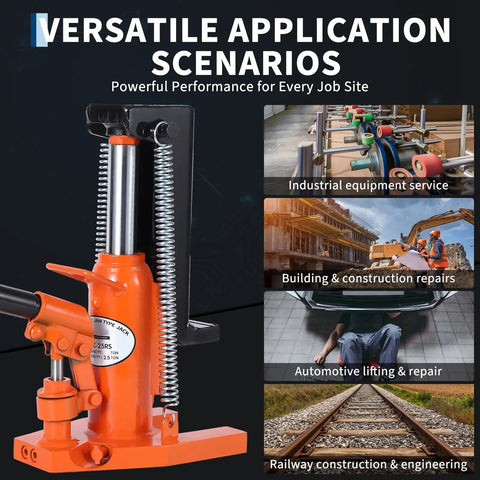 Heavy Duty 5 Ton Hydraulic Toe Jack Dual Stage Lift For Industrial Lathes And Milling Machines ultra low profile, shown in versatile applications.
