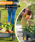 Workhorse Two Wheel Wheelbarrow Cart With 330 Pound Capacity Plastic And Steel Garden Wagon filled with produce and plants