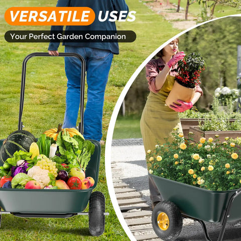 Workhorse Two Wheel Wheelbarrow Cart With 330 Pound Capacity Plastic And Steel Garden Wagon filled with produce and plants