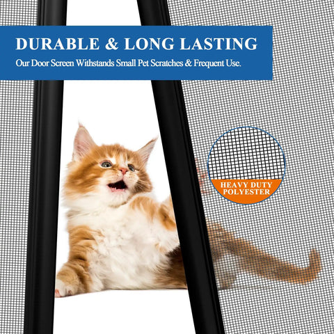 Magnetic Screen Door Fits 32x80 Inch Door, 34x81 Mesh, Scratch Proof Polyester, with playful cat behind the mesh