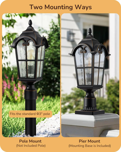 Large Size Dusk To Dawn Outdoor Post Light With Photocell Sensor, 21.9 Inch Tall Hardwired Pole Lamp, shown in pole and pier mount options