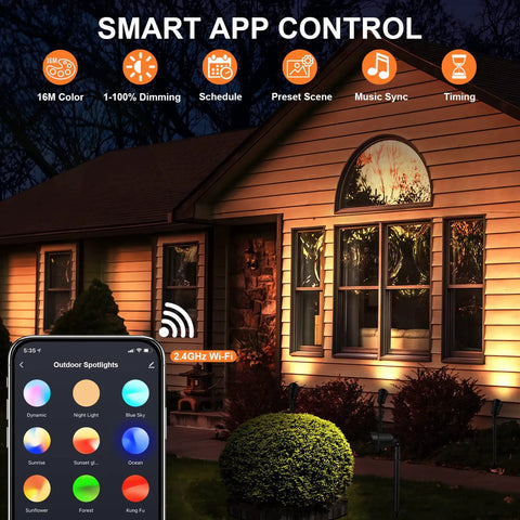 Lit Smart Outdoor Spotlight Kit 4 Pack 12V Low Voltage Landscape Lights illuminating house with app control display