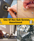 Cone Point Set Screws Kit, 48 Pcs M3 To M6 Hex Head Grub Screws In 304 Stainless Steel shown fixing various objects