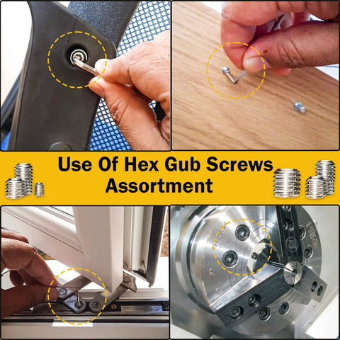 Cone Point Set Screws Kit, 48 Pcs M3 To M6 Hex Head Grub Screws In 304 Stainless Steel shown fixing various objects