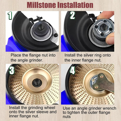 14 Piece Wood Carving Disc Set For 4 Inch Or 4 And A Half Inch Angle Grinders Includes Chainsaw Disc 12 Tooth Shaping Disc 60 And 80 Grit Flap Wheels Five Eighth Inch Adapters Universal Wrench For Cutting Grinding Shaping And Sanding installation guide with detailed steps.