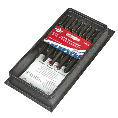 Pneumatic Roll Pin Punch Set 5 Piece For Driving And Removing Hollow Roll Pins Parker Shanks Hardened Tool Steel USA Made Pro Grade Heavy Duty