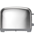 Side view of a classic stainless steel two slice extra wide slot toaster, showcasing its sleek design and control knobs.