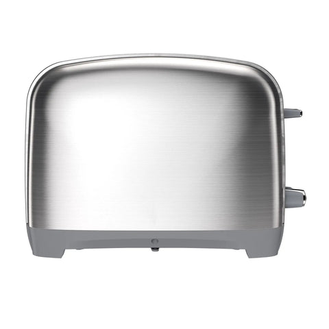 Side view of a classic stainless steel two slice extra wide slot toaster, showcasing its sleek design and control knobs.