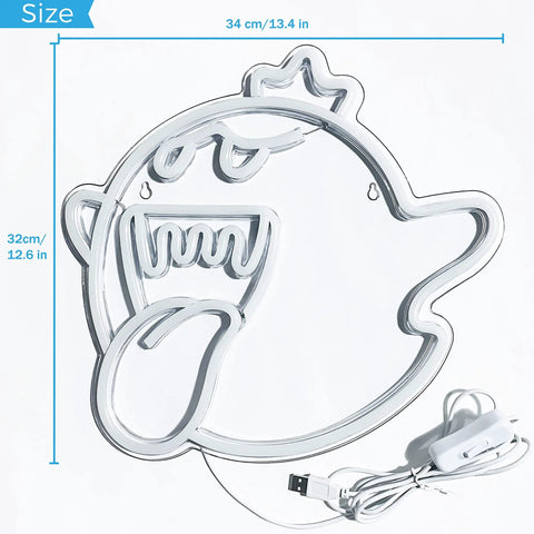 King Boo Neon Sign LED Light For Game Room, Ghost Face Mario Theme Acrylic Wall Decor in White, showing dimensions and USB cable