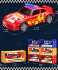 Six Pack Pull Back Race Cars Set with Friction Powered Launching Cars in carry case, showing red die-cast toy car dimensions.