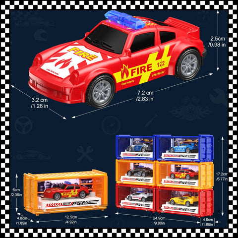 Six Pack Pull Back Race Cars Set with Friction Powered Launching Cars in carry case, showing red die-cast toy car dimensions.