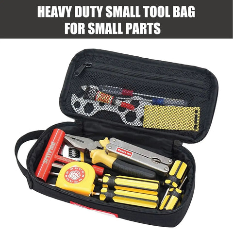 Rugged 1000D Cordura Tool Bag Pouch Box EDC Organizer Case With Zipper holding tools and small accessories, black with handle