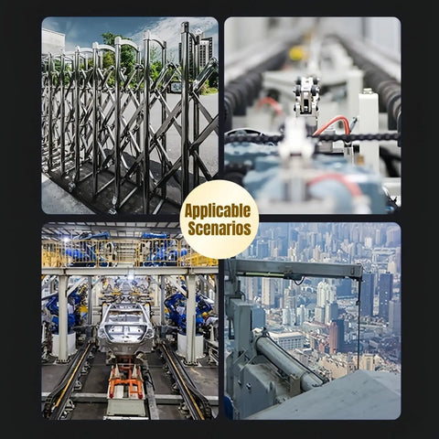 Collage of folding gates, manufacturing line, industrial equipment, and cityscape showcasing applicable industrial scenarios.