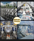Collage of different industrial and urban scenarios showing potential uses for sliding gate guide roller sets.