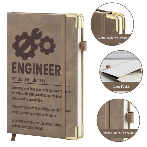 Leather A5 Journal For Engineers With 200 Lined Pages, Inner Pocket And Pen, Durable Hard Cover With Engineer Motifs