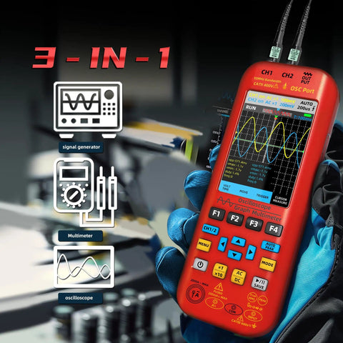2 Channel Digital Handheld Oscilloscope With 50MHz Bandwidth And 250MSaS Real Time Sampling, 20,000 Counts Multimeter, And 7 Waveform Signal Generator shown in use