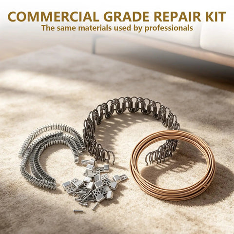 Complete Couch Upholstery Spring Repair Kit With 8 Tough 25 Inch Sofa Springs And 50 Foot Stay Wire To Stop Saggy Sofas Dead Cold And Get Your Favorite Furniture Back In The Saddle, showing repair kit components.