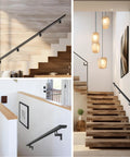 Heavy Duty Aluminum Stair Railing DIY Kit With Sweet Matte Black Coating And No Sweat Adjustable Wall Mount Brackets For Effortless Indoors Or Outdoors Upgrades Spanning Six Feet, showcasing installation on various staircases.