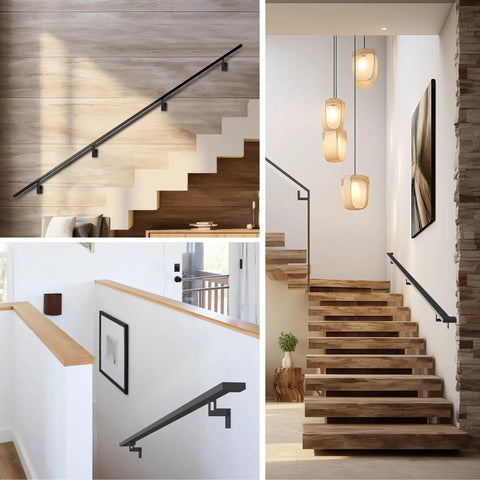Heavy Duty Aluminum Stair Railing DIY Kit With Sweet Matte Black Coating And No Sweat Adjustable Wall Mount Brackets For Effortless Indoors Or Outdoors Upgrades Spanning Six Feet, showcasing installation on various staircases.