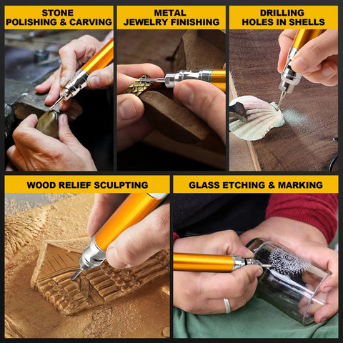 Rugged Micro Pneumatic Air Pencil Die Grinder featuring smooth thumb throttle used for stone polishing and carving.