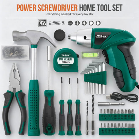 4V Cordless Electric Screwdriver Kit with USB rechargeable battery, 42 piece DIY home repair set, tools and case in green.