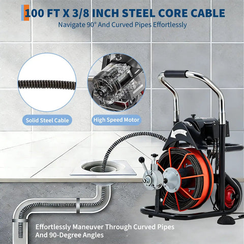 Heavy Duty Auto Feed Drain Auger With 100 Foot Cable And Air Activated Foot Switch For Knocking Out Stubborn Sink And Toilet Pipe Clogs Without Missing A Beat, showcasing 100 ft cable and high-speed motor.