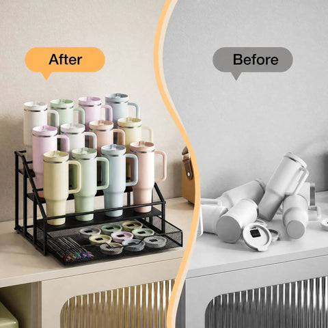 4-Tier Cup Holder Rack For Stanley 40 Oz Tumblers And Water Bottles, showing organized tumblers versus cluttered counter.