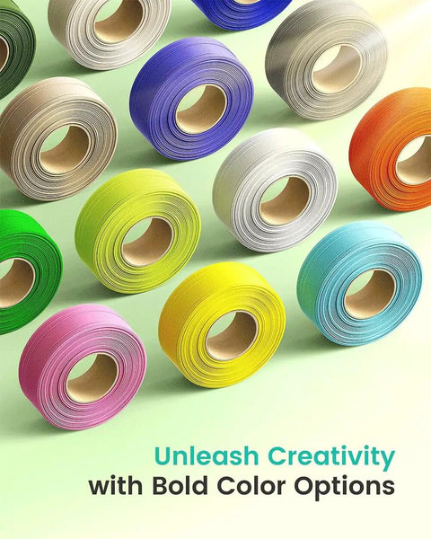 Multiple rolls of colorful filament for 3D printing, including green, yellow, and blue, displayed on a pastel background.