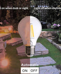 Auto On Off Photocell LED Bulbs 4W 470 Lumen ETL Listed Dusk To Dawn Style showcasing light on and off settings in garden.