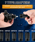 Close-up of 7 type adapters for hydraulic accumulator tool kit showing various thread sizes and compatibility labels.