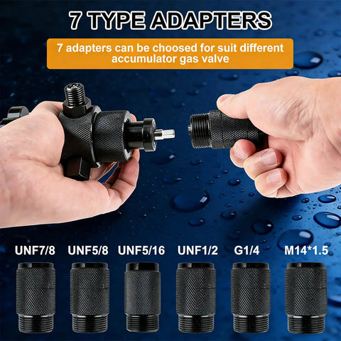 Close-up of 7 type adapters for hydraulic accumulator tool kit showing various thread sizes and compatibility labels.