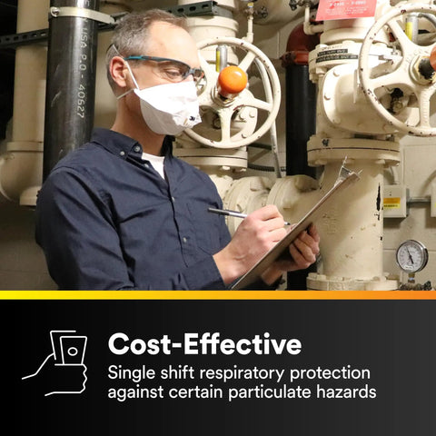 Person wearing N95 Disposable Respirator With VFlex 9105 Particulate Mask in industrial setting with clipboard