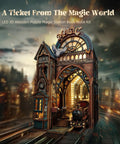 LED 3D Puzzle Magic Station Book Nook Kit with interactive wooden miniatures depicting a lit magic train station scene