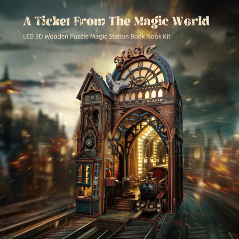 LED 3D Puzzle Magic Station Book Nook Kit with interactive wooden miniatures depicting a lit magic train station scene