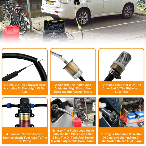 Diagram showing steps to use 12V Fuel Transfer Pump Set For Gasoline And Diesel, Electric Pump That Hauls 85 GPH With A 70W DC Copper Motor