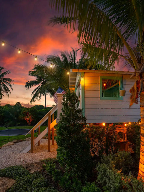 48 Ft Outdoor String Lights 2x24Ft with 20 Edison Vintage Bulbs illuminating a backyard patio with vibrant sunset view