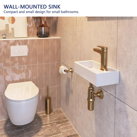 Wall Mounted Bathroom Sink 15x7 Inch Small Ceramic Rectangular Vessel Basin With Right Hand Faucet Hole Space Saving White