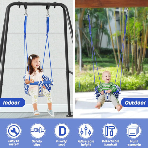Toddler Swing Seat With Heavy Duty Canvas Adjustable Rope And Safety Harness for Indoor and Outdoor Playgrounds for Kids.