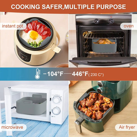 Reusable 8.1 Inch Silicone Air Fryer Pot Liners Set 2 Pack used in oven, instant pot, microwave, and air fryer with gloves